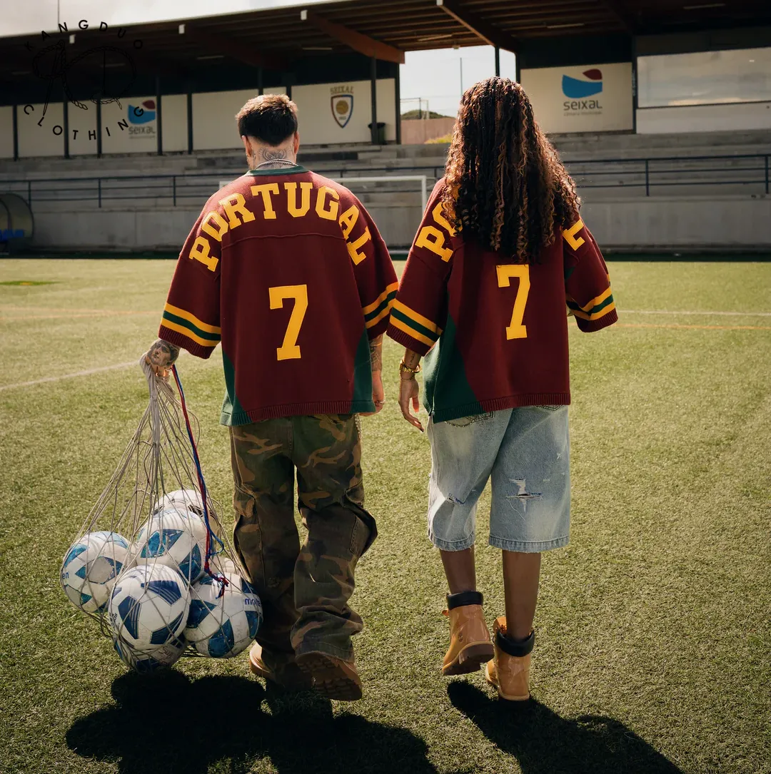 pull de football à manches courtes Portugal , tricot jacquard lettre brodé, maillot CR7